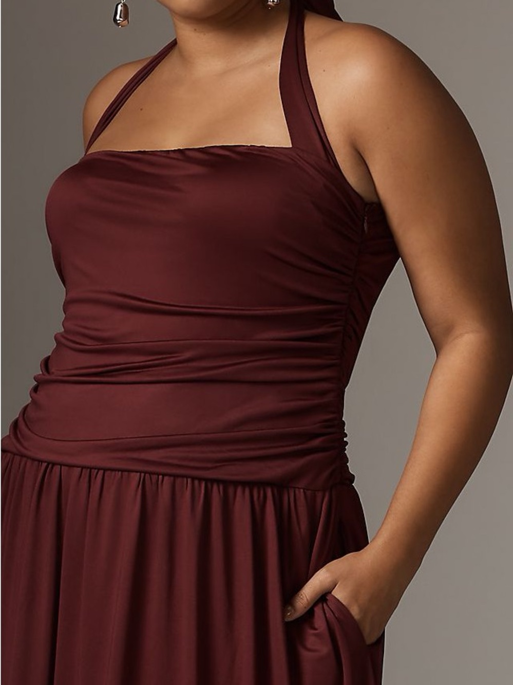 NIA Elegant Plus-Size Halter drop waist A-Line Dress in Deep Burgundy